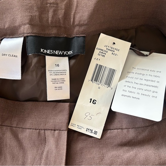 JONES NEW YORK Espresso Silk/Linen Panama Dress Slacks Size 16 NWT $119 Lined - Picture 5 of 5